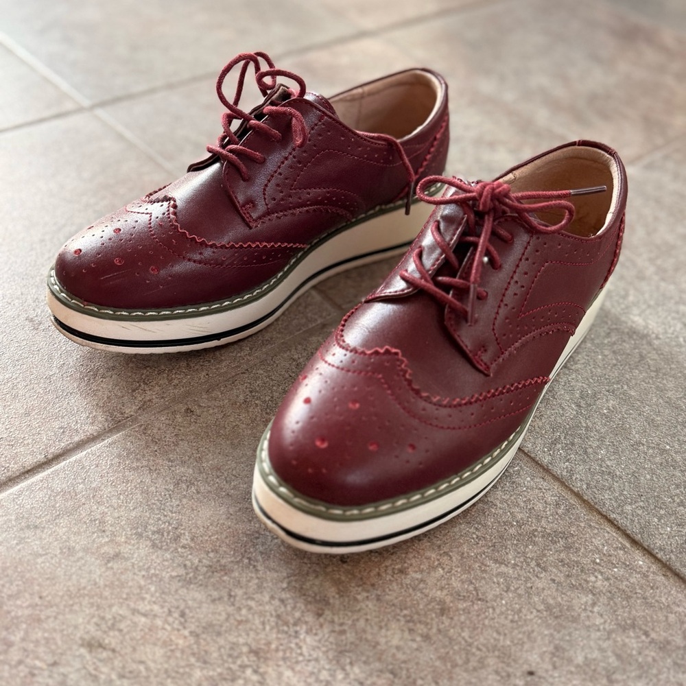 DADAWEN Women's Platform Wingtip Oxford Burgundy Size 8.5